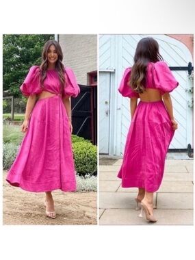 Aje Vanades Cut Out Ring Hot Pink Puff Sleeve Midi Dress Size US 6/AU 10